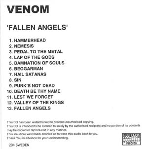 venom fallen angels promo CD