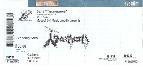 venom sofia Bulgaria ticket stubb 2010
